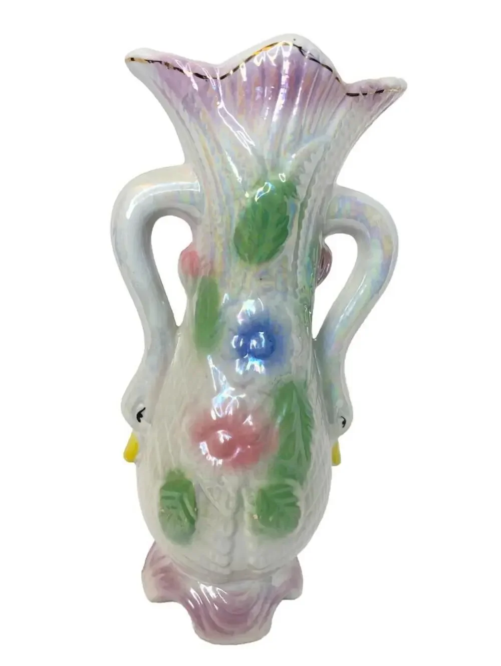 Vintage Ceramic Double Swan Vase Floral Decor Thailand